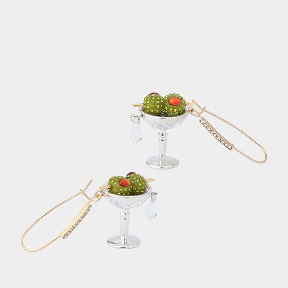 NWT $68 BETSEY JOHNSON Martini Drop Earrings Green Silver Gold Glass Crystals - Picture 3 of 4
